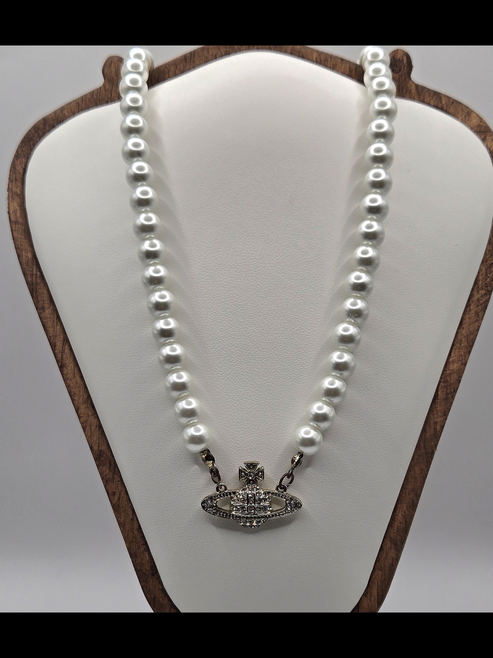 Pearl Bead Necklace with Crystal Orb Pendant - White